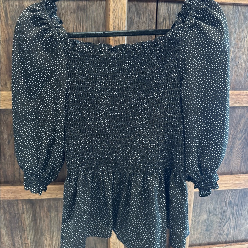 Max Studio Black Peplum Top with White Dot Print